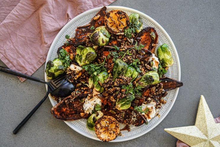 Charred spiced sweet potato and brussels sprouts with labne