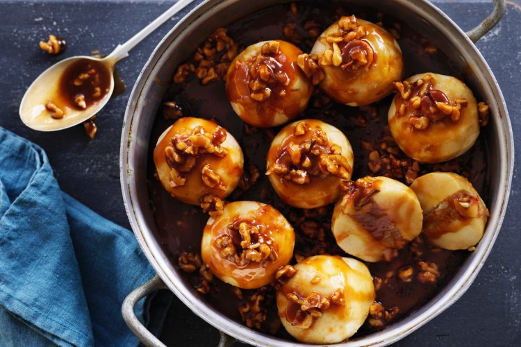 Dan Lepard's baked ginger apples with caramel sauce.