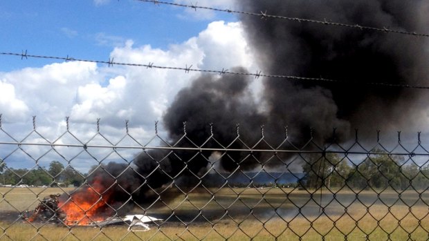 The aftermath of the skydiving plane crash at Caboolture Airfield which killed five people in 2014.