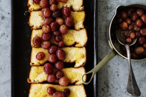 Honey-baked ricotta with roasted red grapes.