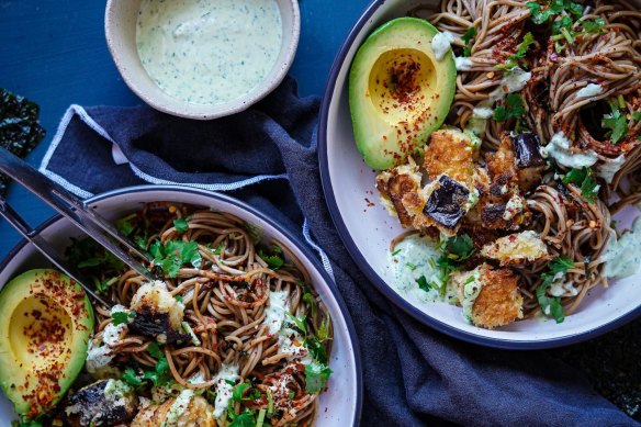 Japanese-inspired eggplant noodle bowls.