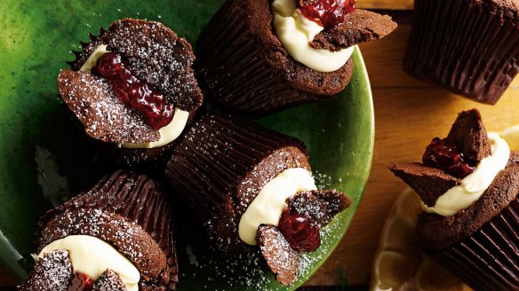 Chocolate butterfly cakes with jam and cream.
