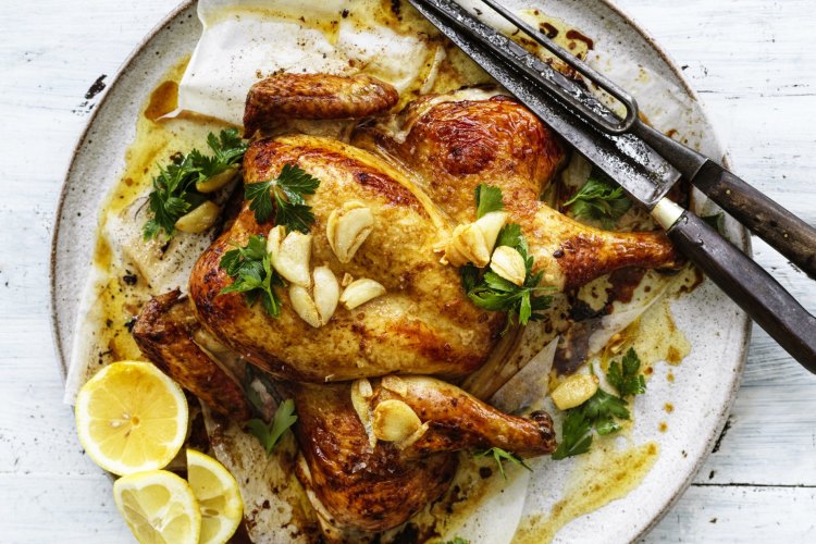 Roast chicken with garlic brown butter