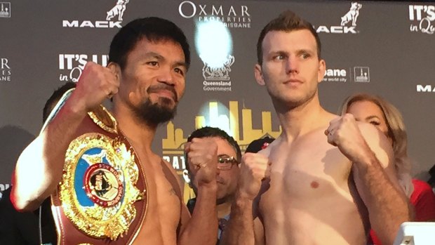 Game face: Manny Pacquiao and Jeff Horn after weighing in at Suncorp Stadium before Sunday's fight.