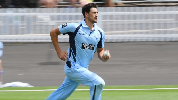 Competitive return: Mitchell Starc bowls against the humble backdrop of Hurstville Oval.