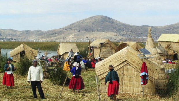 The floating Uros Islands on Lake Titicaca in Peru.