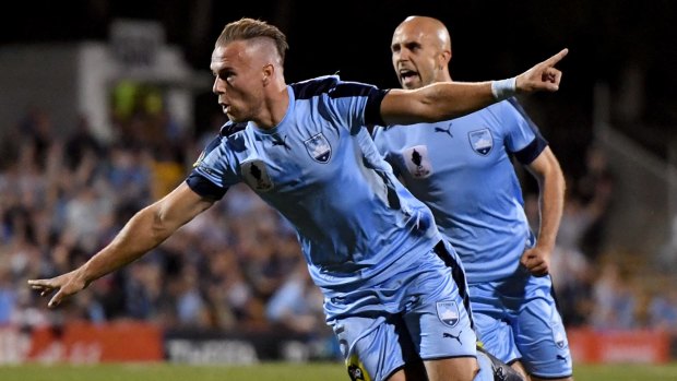 Jordy Buijs of Sydney FC celebrates his opening goal during the quarter final FFA Cup match between Sydney FC and Melbourne City.