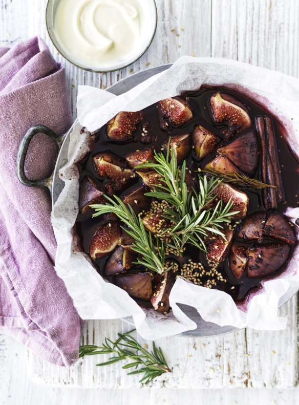 Jill Dupleix's wine-roasted figs with sweet tahini yoghurt.