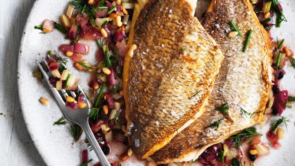 Neil Perry's pan-fried snapper with warm Sicilian salsa.