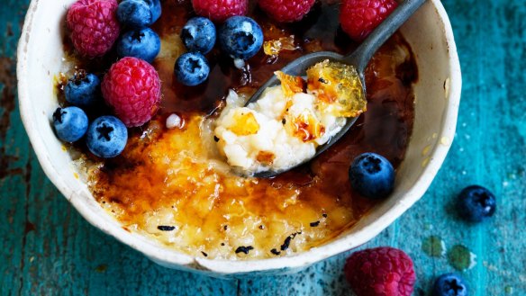 Rachel Khoo's creamy bruleed almond rice pudding berry pots.