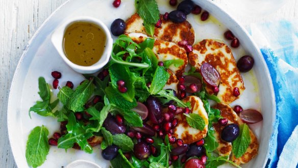 Neil Perry's warm haloumi salad with pomegranate and lemon dressing.