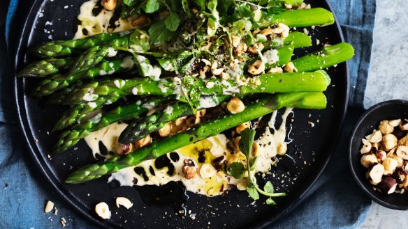 Neil Perry's asparagus and hazelnut salad with creamy anchovy, chili and lemon.