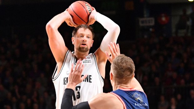 Making an impact: Melbourne United veteran David Andersen had 13 points, seven rebounds and two blocks against Adelaide.