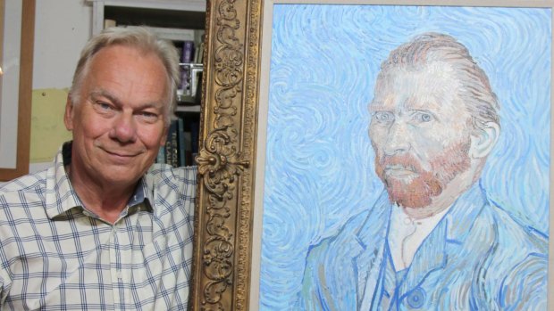 John Myatt, a British painter imprisoned for his involvement in what is described as the 20th century's biggest art forgery, poses with a fake self-portrait of Vincent van Gogh at his home in  England.