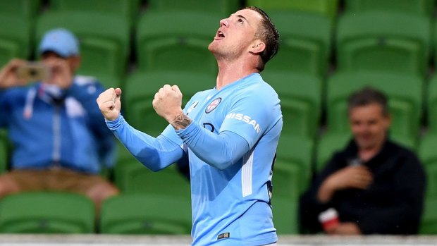Strike force: City's Ross McCormack after scoring his seventh goal of the season for City, against Central Coast at AAMI Park.