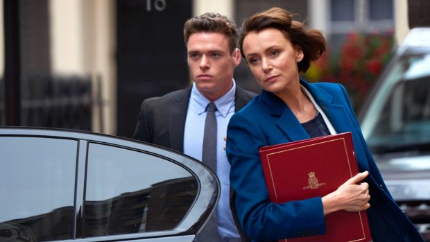 Police officer David Budd (Richard Madden) is assigned to mind Home Secretary Julia Montague (Keeley Hawes) in Bodyguard.