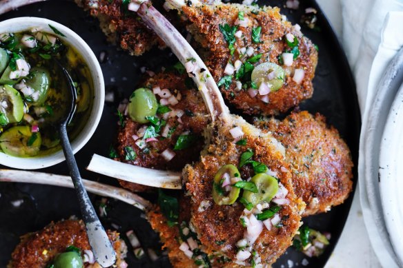 Neil Perry's parmesan crumbed lamb cutlets with green olive salsa.