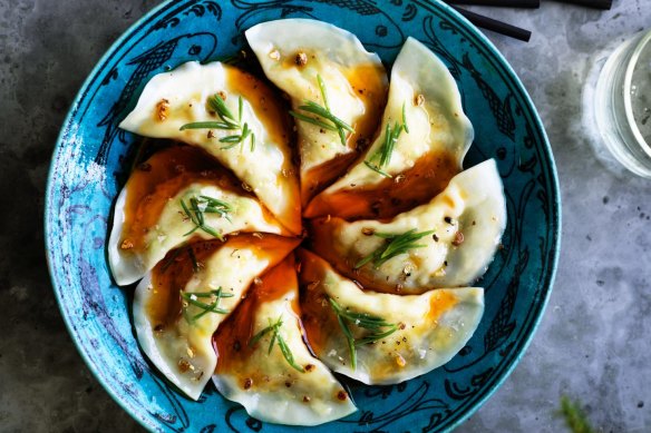 Kylie Kwong's spanner crab and ginger dumplings with chilli oil and Sichuan pepper and salt.