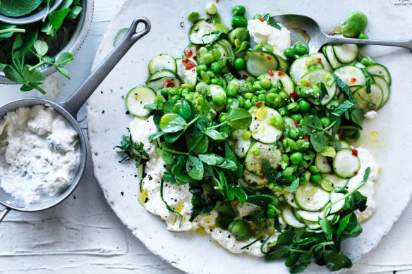 Neil Perry's homemade ricotta with smashed broad beans, peas and mint.