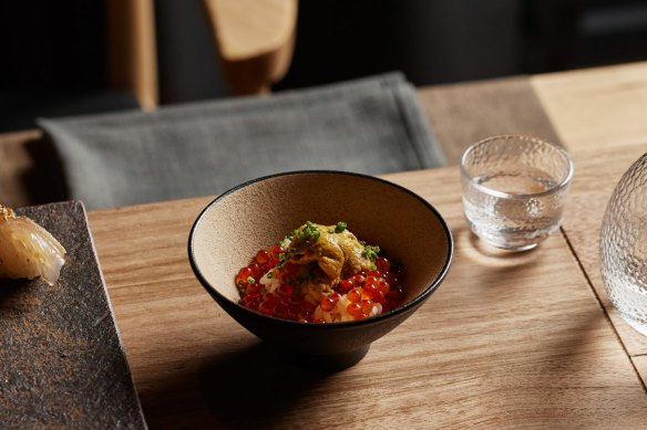 Salmon roe and sea urchin chirashi zushi is an example of what diners may eat during Aoi Tsuki's omakase.