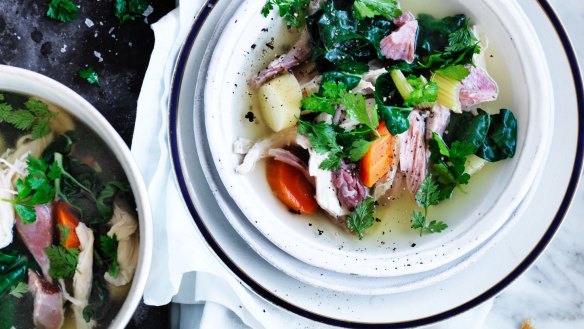 Neil Perry's 'spring' pot au feu with poached chicken breast.