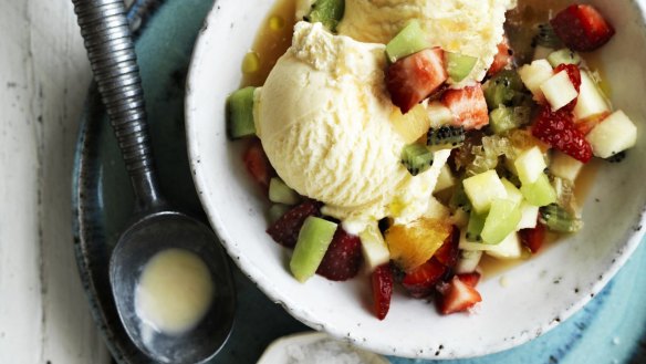 Ice-cream with fruit salad dressing.