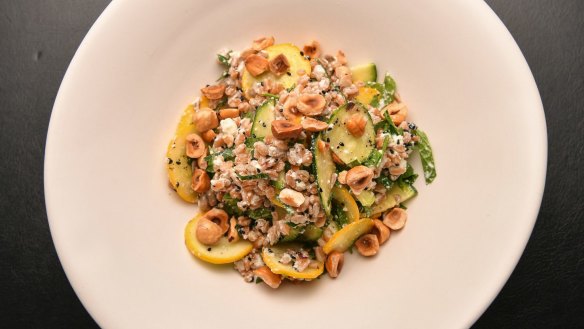 Zucchini, hazelnut and farro salad with house-made ricotta.