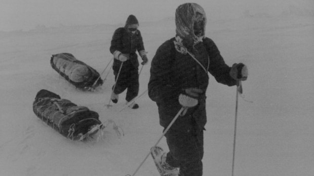 Sir Ranulph Fiennes (rear) and Charles Burton trekking across the Arctic wastes on their way to the North Pole in 1982. 