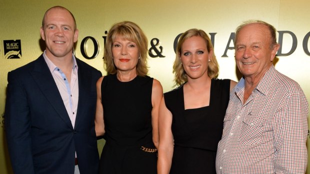 Mike Tindall, Katie Page-Harvey, Zara Phillips and Gerry Harvey at Magic Millions launch on the Gold Coast.