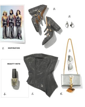 Glittery accessories complement metallic party looks.