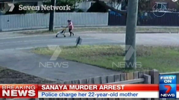 CCTV footage of Sofina Nikat pushing daughter Sanaya Sahib in a stroller.