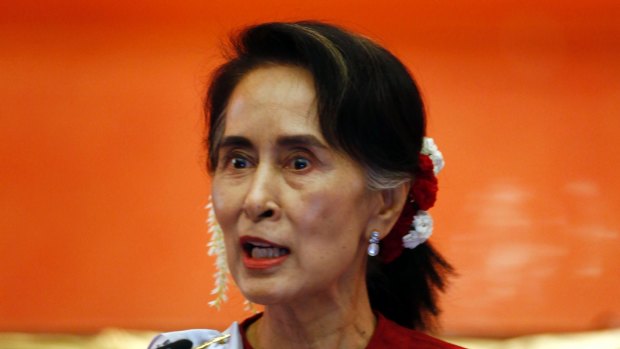Myanmar State Counsellor Aung San Suu Kyi speaks during the "Peace Talk" conference in Myanmar on January 1.