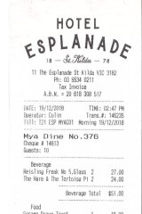 Receipt for lunch with Nova Peris