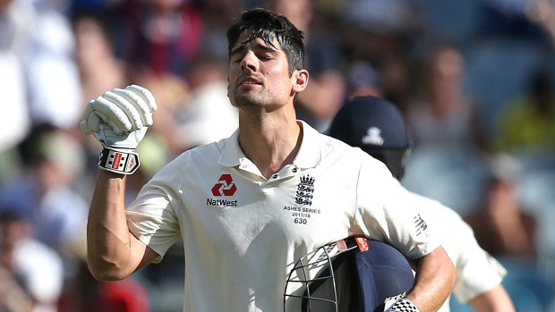 Emotional release: Alastair Cook looks up towards the sky after scoring his century.