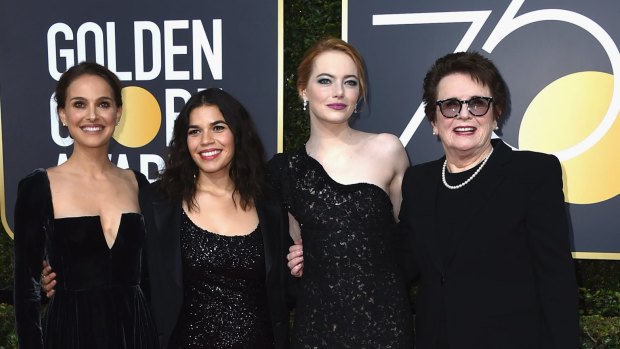 America Ferrera, from left, Natalie Portman, Emma Stone and Billie Jean King arrive at the 75th annual Golden Globe Awards at the Beverly Hilton Hotel on Sunday, Jan. 7, 2018, in Beverly Hills, Calif. (Photo by Jordan Strauss/Invision/AP)