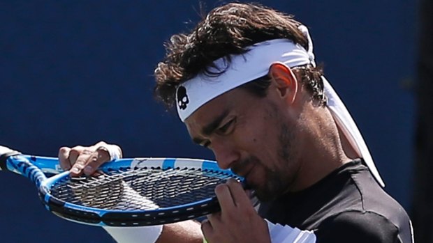Fabio Fognini, of Italy, reacts after losing a point to Stefano Travaglia on Wednesday.