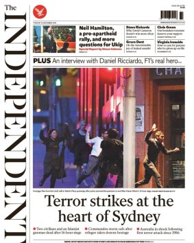 Front-page coverage: The siege in the UK's <i>Independent</i>.