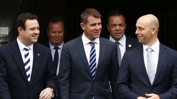 Sports Minister Stuart Ayres, former premier Mike Baird and the NRL's Todd Greenberg at the 2016 announcement of the redevelopment of ANZ Stadium.