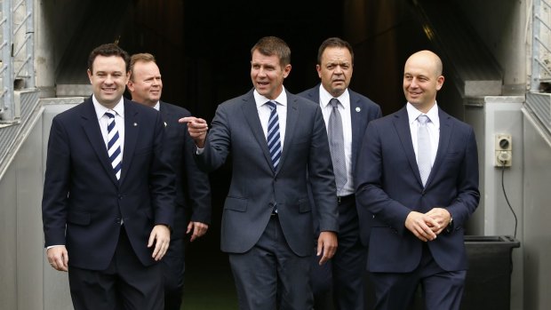 Main players: Minister of Sport Stuart Ayres, ARU CEO Bill Pulver, NSW Premier Mike Baird, FFA head of corporate affairs Kyle Patterson and NRL CEO Todd Greenberg at ANZ Stadium.