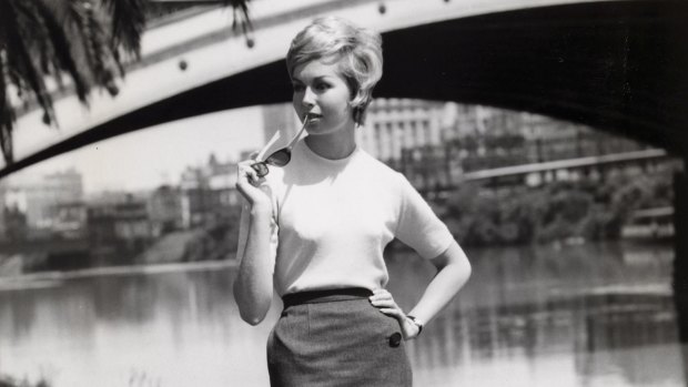 By the Yarra River at Princes Bridge, Melbourne,1961 for Sportscraft. Unidentified model. 