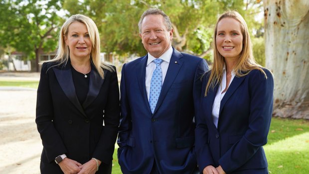 Fortescue's new CEO, Elizabeth Gaines, chairman Andrew Forrest and deputy CEO Julie Shuttleworth.