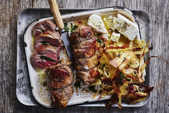 Herb and anchovy stuffed lamb with feta and vegetable crisps.