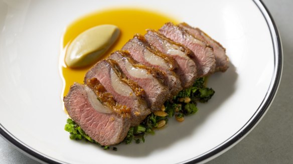 Roasted lamb backstrap with bagna cauda, charred broccoli and pine nuts.