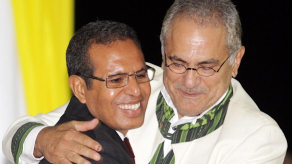 East Timorese President Taur Matan Ruak, left, embraces his predecessor Jose Ramos-Horta during his inauguration ceremony in Dili, East Timor, in 2012.
