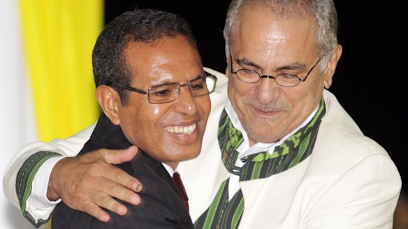 East Timorese President Taur Matan Ruak, left, embraces his predecessor, Jose Ramos-Horta, during his inauguration in Dili in 2012.