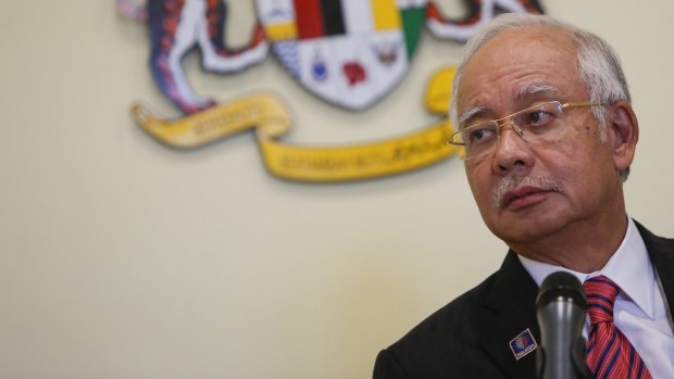 Najib Razak on the defensive at a press conference in Putrajaya this month. 