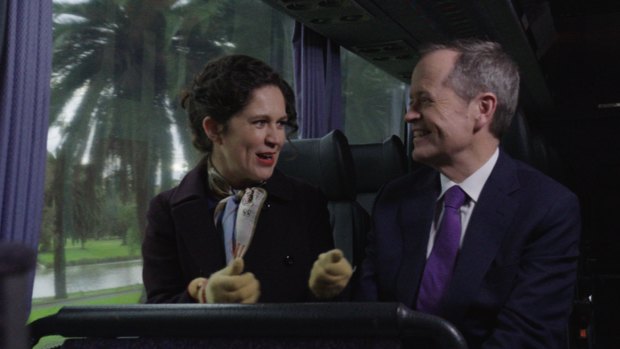 Crabb and Mr Shorten on Labor campaign bus.