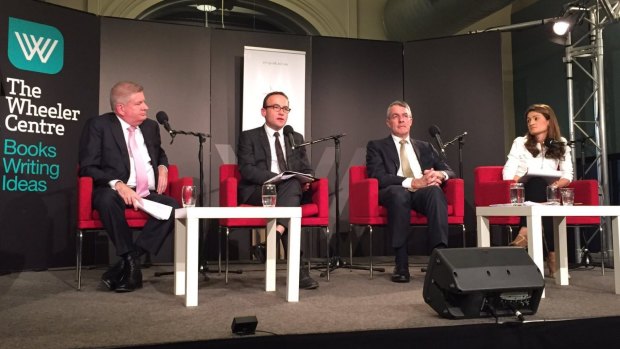 Federal arts minister Mitch Fifield, Greens arts spokesman Adam Bandt, shadow arts minister Mark Dreyfus and moderator Patricia Karvelas during the National Arts Election Debate.