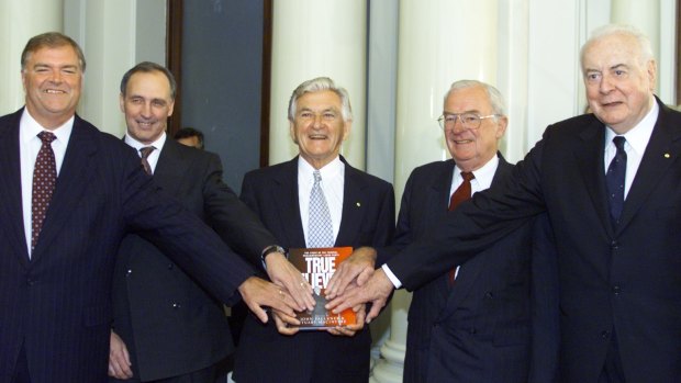 Labor Leaders Paul Keating, Bob Hawke , Bill Hayden and Gough Whitlam together in Melbourne in 2001 for the launch of the book True Believers, about the story of the Federal Parliamentary Labor Party. 