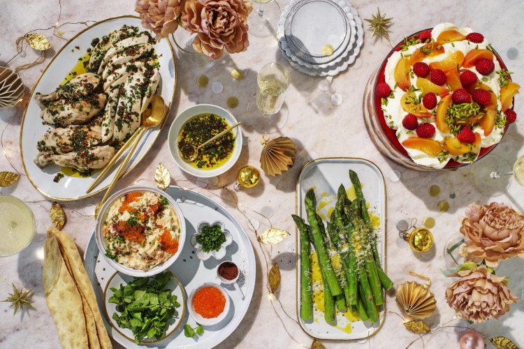 Clockwise from bottom left: Karen Martini's kingfish and smoked rainbow trout rillettes; Neil Perry's salt-crust chicken with salmoriglio; Helen Goh's peach trifle with raspberries and sweet riesling custard.